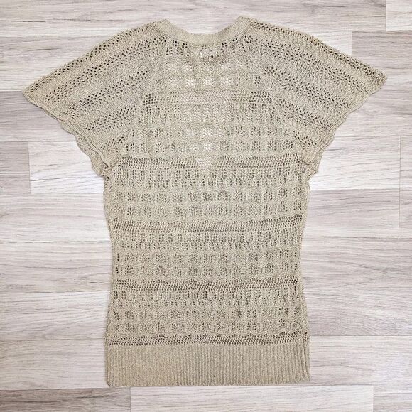 Ann Taylor LOFT Womens Tan Open Crochet V-neckline Blouse Flutter Sleeves Small - Picture 8 of 8